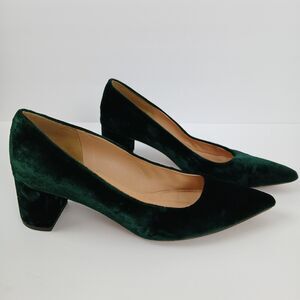 J. Crew Velvet Heels Women 7.5 Green Block Heel Old Money Quiet‎ Luxury Office